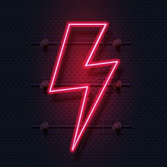 Aufkleber - Neon bolt. Realistic signboard of electric flash. Zigzag shaped red lamp. Lightning symbol. Illuminated billboard on dark textured wall. Isolated decorative interior element. Vector signage mockup