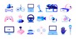 Gaming icons. Cartoon electronic devices. Isolated outline computers and gamepad, modern joystick controller or VR glasses. Minimalist signs of gamers accessories and equipment, vector flat set