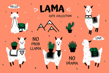 Cartoon lama. Cute white alpaca and cactus clipart for kids birthday greeting cards and festive accessories. Hand drawn collection in trendy scandinavian style vector funny Peru or Tibet animal set