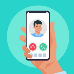 Aufkleber - Incoming call. Cartoon smartphone touchscreen. Human hand holding ringing phone. Mobile application for communication, electronic device display with buttons. Modern gadget, vector flat illustration