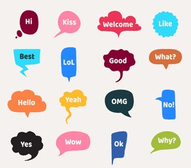 Aufkleber - Speech bubbles. Cartoon clouds with interrogative and greeting short phrases. Cute frames with words of agreement and disagreement. Colorful stickers with lettering. Vector verbal emotions expression