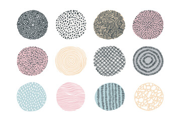 Poster - Doodle texture. Abstract hand drawn circles with repeating print. Isolated round shapes and drops or strokes decorative elements. Minimalist background samples. Dotted line and hatching, vector set