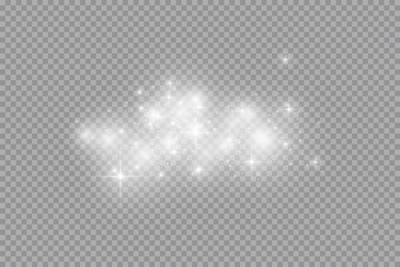 Wall Mural - Glow light effect. Vector illustration. Christmas flash dust. White sparks and glitter and snowflakes special light effect. Vector sparkles on transparent background. Sparkling magic dust particles