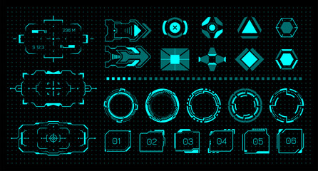 Poster - HUD kit. Futuristic virtual game UI. Neon buttons and frames. Modern digital graphic hologram elements for VR menu. Isolated sight and viewfinder. Loading process indicator. Vector interface signs set