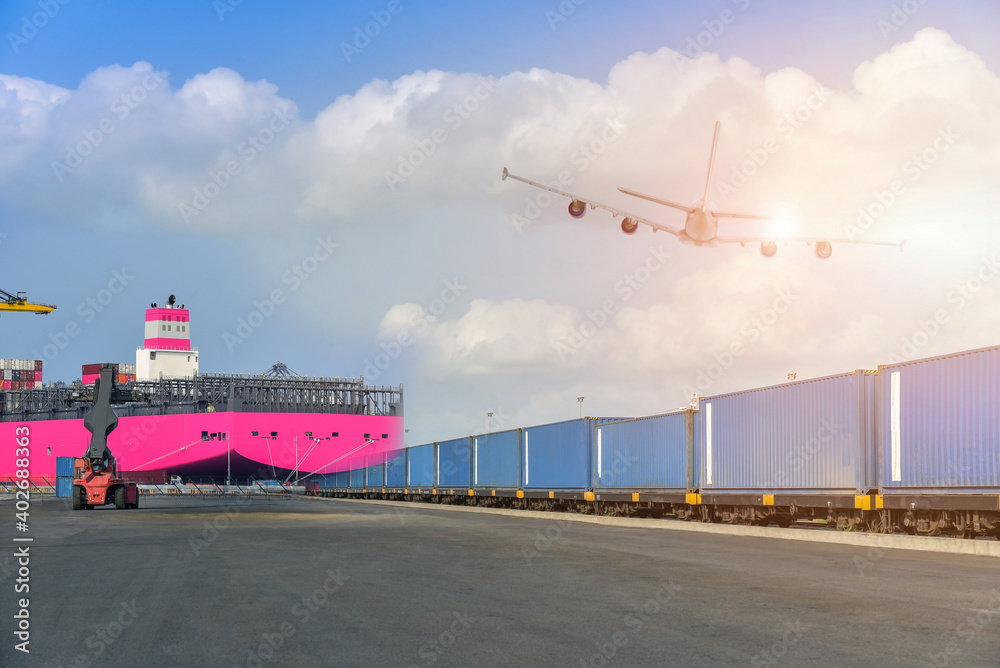 Cargo train platform with freight train Containers on the train on crane loading in port and Stern of Container ship loading in port background.