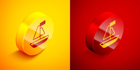 Poster - Isometric Toy boat icon isolated on orange and red background. Circle button. Vector.