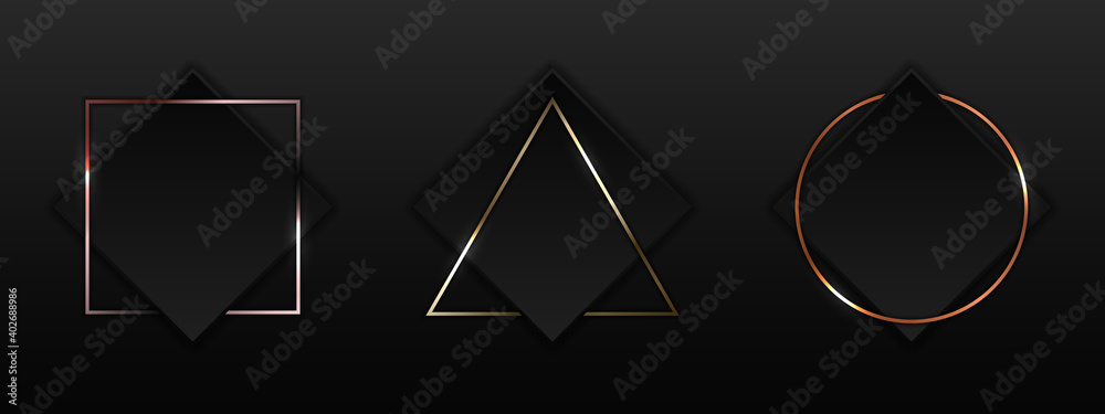 Set of black square with geometric border gold, pink gold, copper metallic frame badge on dark background luxury style - obrazy, fototapety, plakaty 