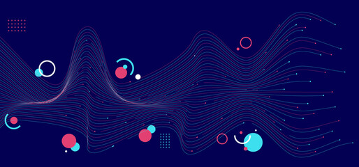 Poster - Abstract blue and pink wave lines with geometric on dark blue background