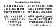 Hand Drawn Latin And Cyrillic Alphabet In Scandinavian Style. Folk Art Font With Flower And Leaves Ornament.For Typography Poster, Card, Banner Design