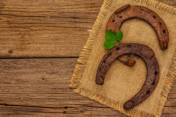 Two very old cast iron metal horse horseshoes, fresh clover leaf. Good luck symbol, St.Patrick's Day concept