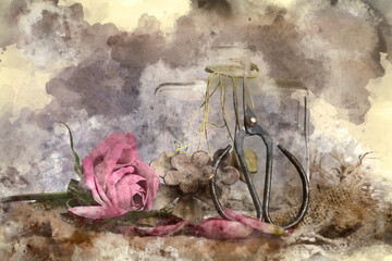 Wall Mural - Digital watercolor painting of Romantic vintage retro look applied to flower and garden paraphenalia still life image with Spring and Summer seasonal blooms