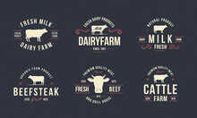 Beef, Cow Logo Set. Vintage Beef Logo Templates With Cow Silhouette. Beef Emblems For Butcher Shop, Restaurant, Steak House, Restaurant, Barbecue, Grocery Store Design.Vector Illustration