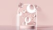 A minimal pink arch scene with a podium on the water among the glass sphere bubbles for product and cosmetic presentation. The Neon light decorated the wall. realistic rendering 3D illustration.