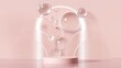 A minimal pink arch scene with a podium on the water among the glass sphere bubbles for product and cosmetic presentation. The Neon light decorated the wall. realistic rendering 3D illustration.
