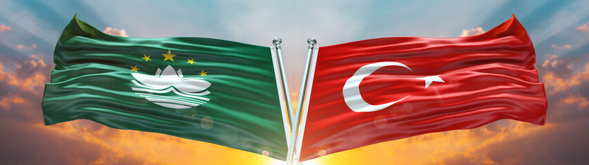 Double Flag Turkey vs Macau flag waving flag with texture sky clouds and sunset background