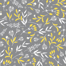 Cute Abstract Seamless Pattern With Small Yellow Flowers On The Gray Background.Summer Floral Vector Illustrationwith Tiny Leaves.