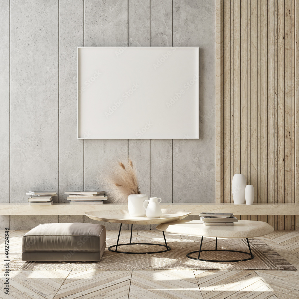 mock up poster frame in modern interior background, living room, Scandinavian style, 3D render, 3D illustration - obrazy, fototapety, plakaty 