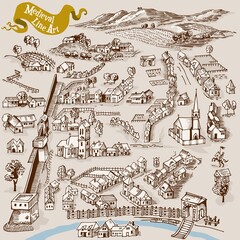 Medieval map elements engraving and woodcut style vector cartography illustration