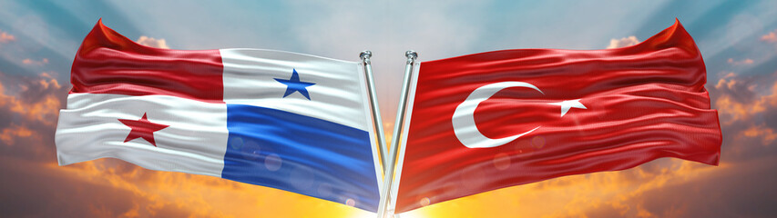 Double Flag Turkey vs Panama flag waving flag with texture sky clouds and sunset background