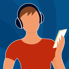 Wall Mural - The man listens to music with headphones. Head silhouette. Smartphone with player in hand. Vector flat illustration.