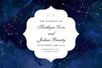 Wall Mural - magic night dark blue sky with sparkling stars vector wedding invite card.
