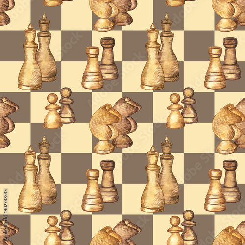 Dekoracja na wymiar  wzor-z-szachy-na-tle-szachownicy-recznie-rysowane-elementy-akwarela-styl-nowoczesny-i-eklektyczny