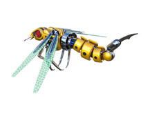 Mechanical Wasp Robot Isolated On The White Background. High Resolution Clip Art For Developing Futuristic Scenes. 3d Rendering, 3d Illustrations.