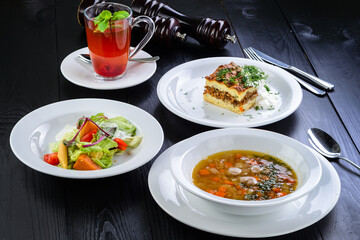 Poster - Three-course set menu for a nutritious healthy lunch in a restaurant, Three course set on table in business lunch, food set lunch