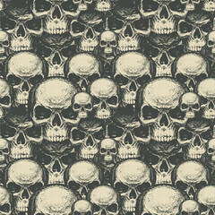 Wall Mural - Seamless pattern with many human skulls. Repeating vector background with hand-drawn skulls. Graphic print for clothing, design element for Halloween, fabric, wallpaper, wrapping paper