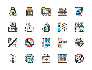 Wall Mural - Set of Vaccination Color Line Icon. Medical Jar, Patient Files, Vaccine and more