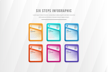 Poster - Six separate multicolored rectangular elements with numbers, thin line icons and place for text. Concept of 6 business options to choose. Futuristic infographic design template. 3d vertical layout.