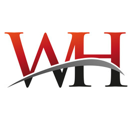 initial letter WH logotype company name colored red and black swoosh design. isolated on black background.