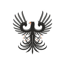 Heraldic Eagle Isolated Bird With Open Wings. Vector Black Falcon Or Hawk With Spread Feather Tail