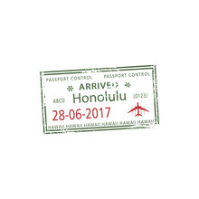 Honolulu, Visa Stamp, Arrived To Hawaii Mark In Passport Isolated. Vector Official Immigration Document Template