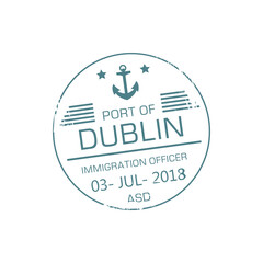 Wall Mural - Port of Dublin immigration officer visa stamp isolated round sign with date and anchor. Vector Ireland city border crossing by sea sign, passport control round stamp. Depart or arrive to Dublin