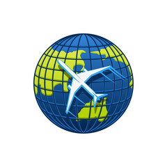 Sticker - Airplane and world globe icon, travel agency or air post mail delivery and aviation logistics service company. Vector isolated aircraft flying around earth, tourism journey or airlines