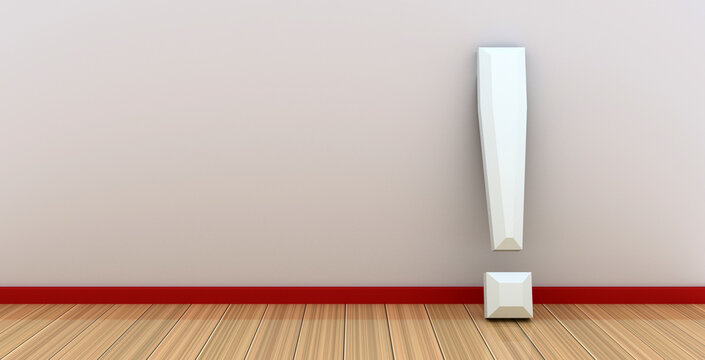 3d illustration. White text exclamation mark against a gray wall.