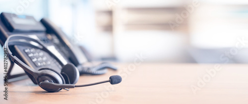 Obraz Dibond Communication support, call center and customer service help desk. VOIP headset for customer service support (call center) concept