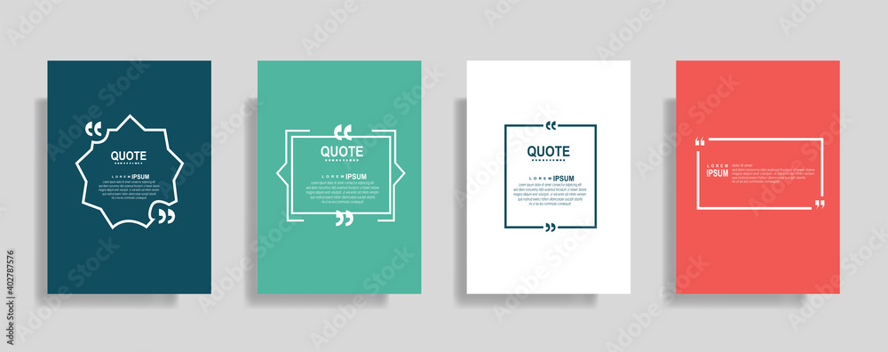 Quotes frame blank templates set. Text in brackets, citation empty speech bubbles. Text box isolated on color background. - obrazy, fototapety, plakaty 