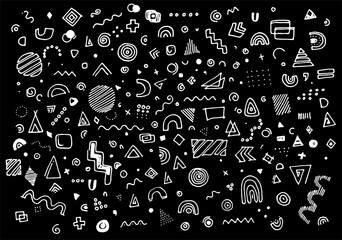 Cute simple pattern with various hand-painted elements. Vector set of geometric shapes black outline elements on a white background for your design template. Monochrome illustration in the Memphis sty