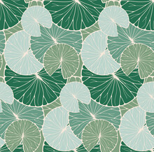 Asian Style Waterlilies Leaves Seamless Pattern In Blue Green Shades