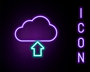 Fototapete - Glowing neon line Cloud upload icon isolated on black background. Colorful outline concept. Vector.