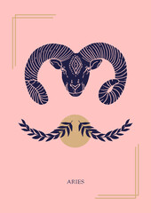 Wall Mural - Zodiac sign Aries in boho style on the pink background. Trendy vector illustration.