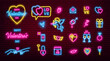 Valentines Day glowing neon icons pack. Vector EPS10