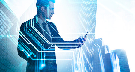 Poster - Man with phone in city and circuit interface