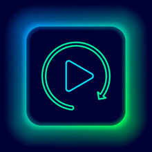 Glowing Neon Line Video Play Button Like Simple Replay Icon Isolated On Black Background. Colorful Outline Concept. Vector.