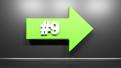 Poster - Number Nine green arrow at black background - 3D rendering illustration