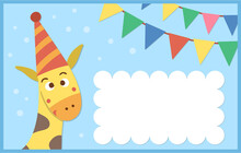 Birthday Party Template With Cute Animal. Anniversary Greeting And Placement Card Or Invitation With Giraffe And Flags On Blue Background. Bright Pre-made Holiday Event Design For Kids. .