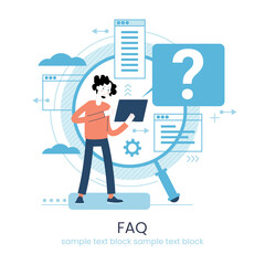 Poster - Website menu help concept. Online guides. Support landing page sections. Frequently asked Questions. Metaphor contact us. Help user interface.