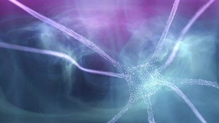 Wall Mural - Neuron cell in the brain animation. Three-dimensional animated neural structure copy space background.	